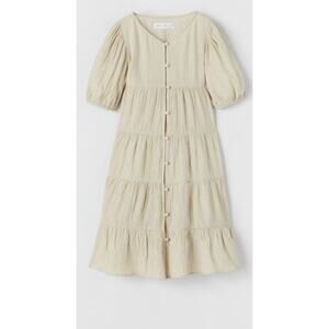 Zara Tan Tiered Ruffle Puff Button Front Sleeve Mididress NWT SZ 13-14 Jr‎